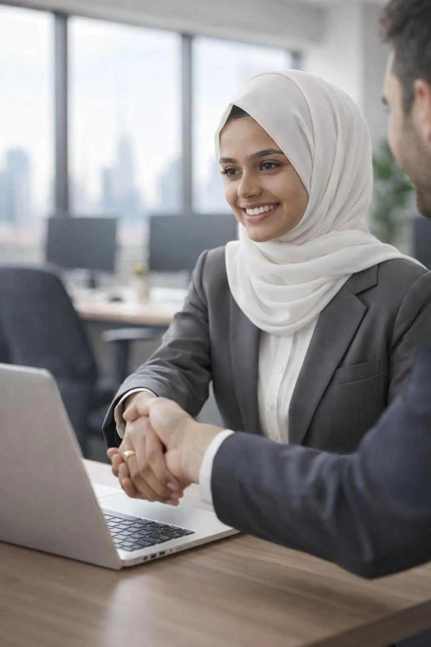 Shahla Thasleen and business professionals shaking hands over a laptop in a work place in speak expert in digital marketing malappuram