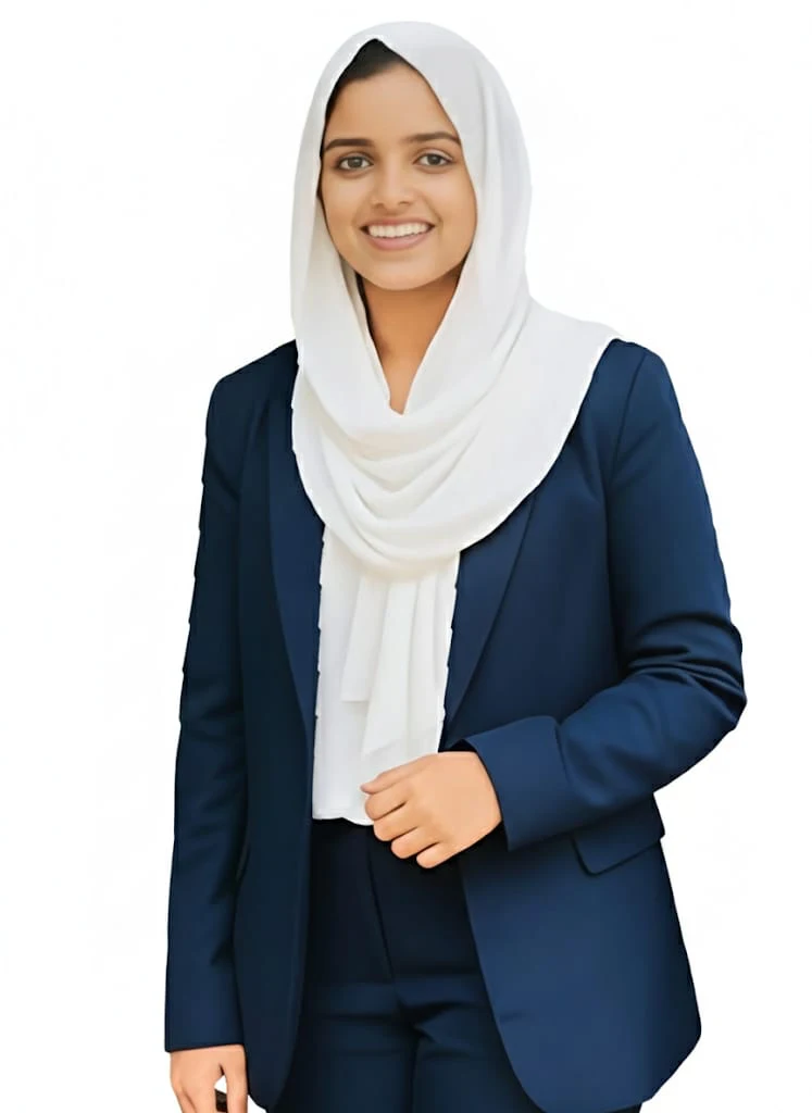 A professional halfshot of a smiling shahla thasleen freelance digital marketer in malappuram a solid white background