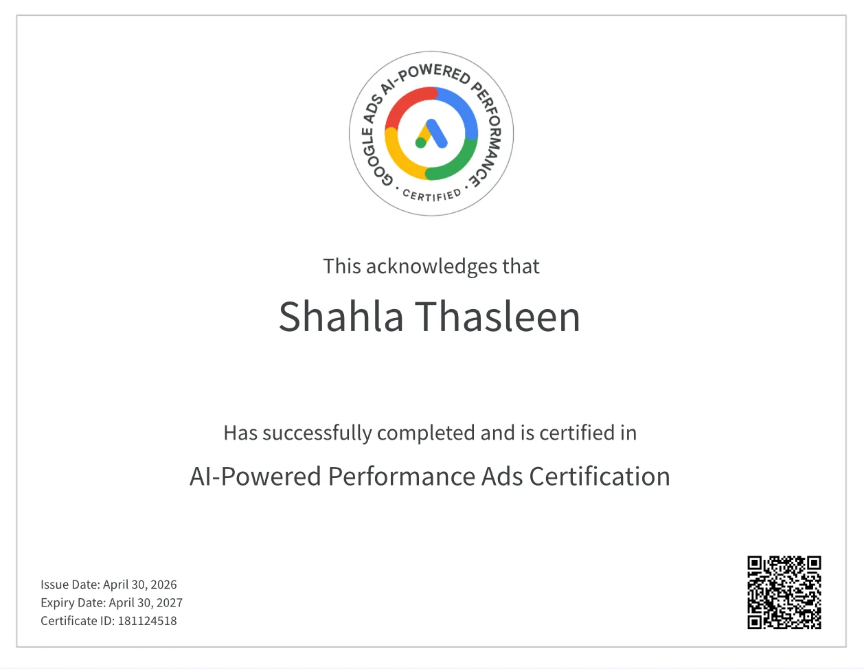 SHAHLA THASLEEN - AI -Powred Performance Ads Certified Freelance Digital Marketing in Malappuram
