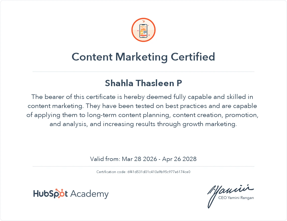 Shahla Thasleen P - HubSpot Content Marketing Certified Freelance Digital Marketing in Malappuram