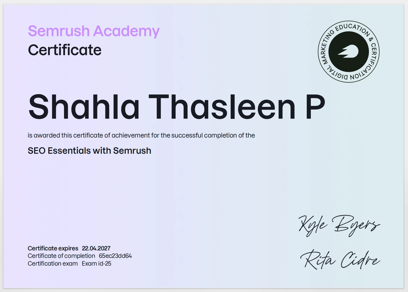 SHAHLA THASLEEN P - Semrush SEO Essentials Certified Freelance Digital Marketing in Malappuram