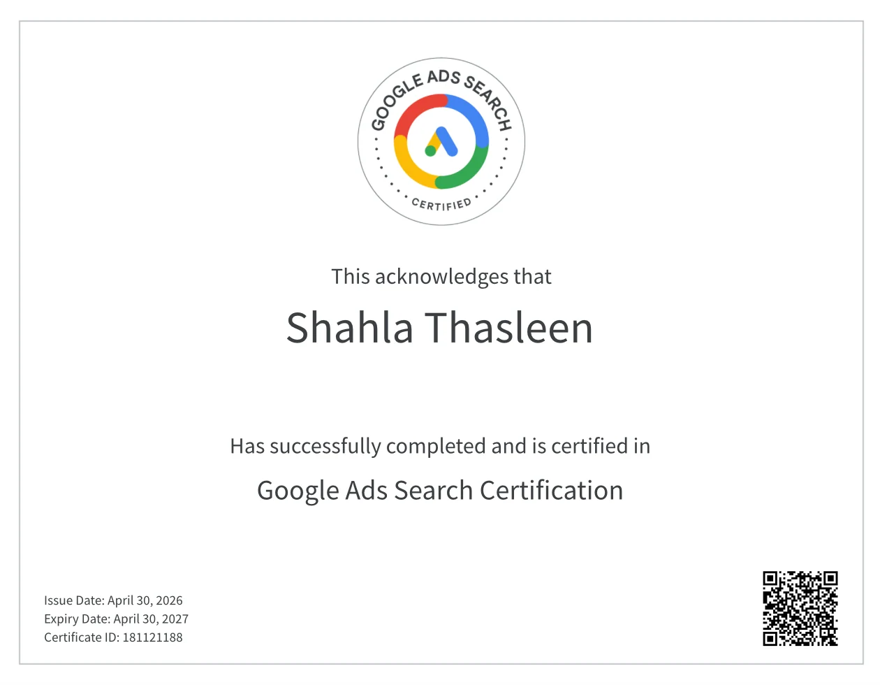 Shahla Thasleen -Google Ads Search Certified freelance digital marketing in malappuram