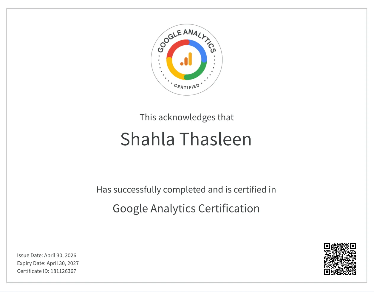 SHAHLA THASLEEN -Google Analytics Certified Freelance Digital Marketer in Malappuram